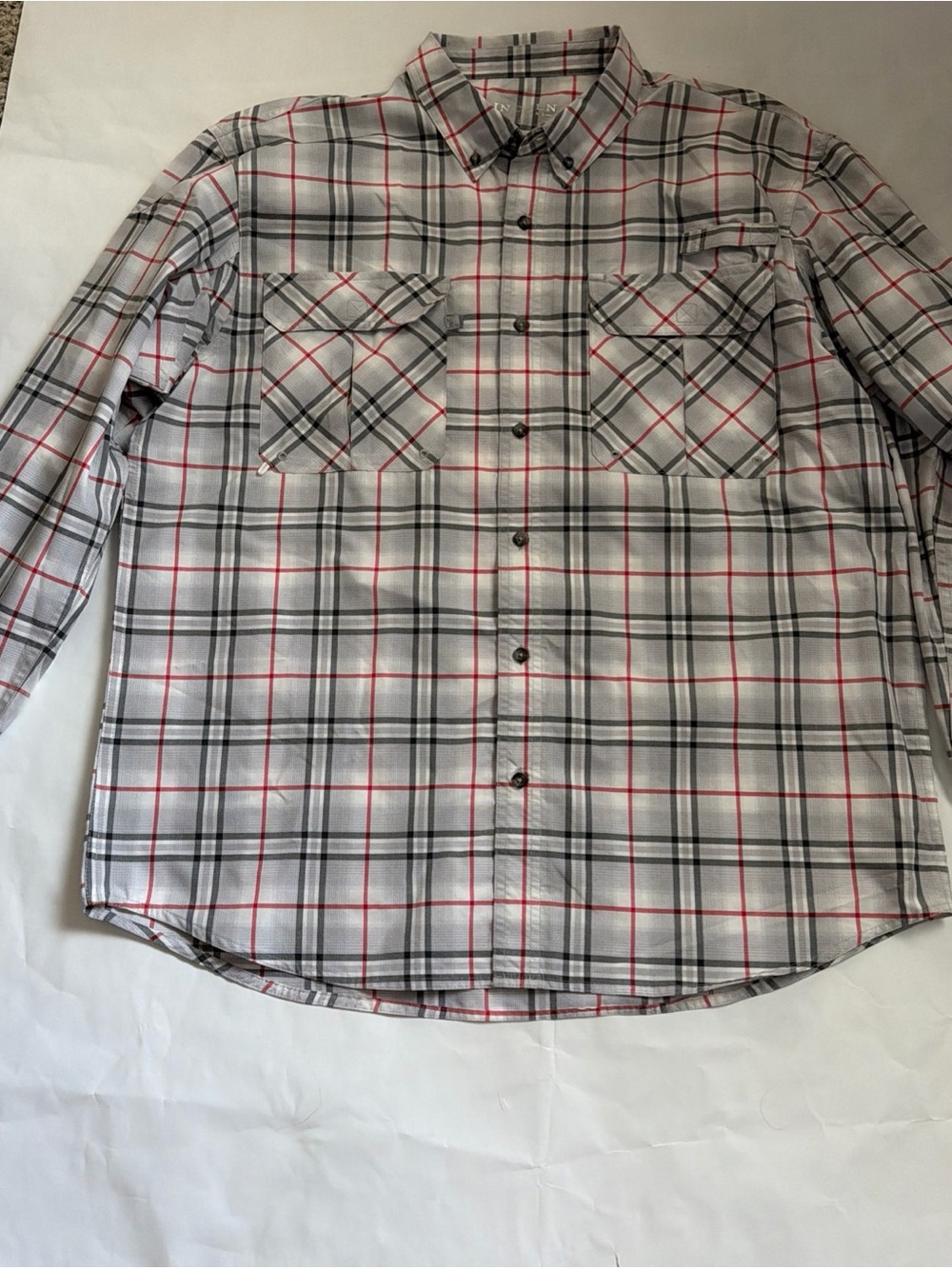 Men's Plaid Button-Down Shirt in Gray with Red Trim